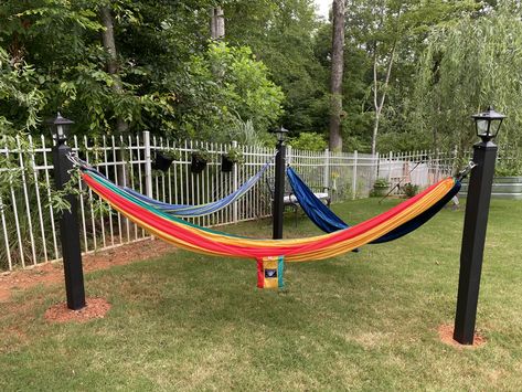 Hang Hammock Without Trees, Hammock Ideas Backyard Corner, Hang A Hammock Without Trees, Outside Hammock Ideas, Hammock Posts Backyards, Hammocks Outdoor, Backyard Hammock Posts, Hammock Garden Ideas, Hammock Poles Backyard