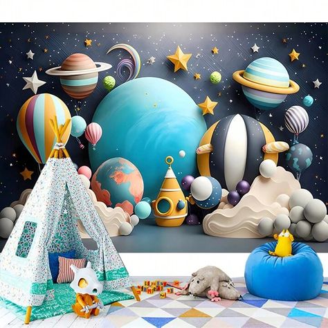 1pc Blue Outer Space Themed Birthday Party Backdrop Photography Background, Including Rocket, Planet And Balloon, Ideal For 1st Birthday Party Decoration | SHEIN USA Birthday Back Drop Diy, Balloon Birthday Themes, Red Carpet Backdrop, Diy Birthday Backdrop, Cake Smash Backdrop, 1st Birthday Party Decorations, Outer Space Birthday, Pink Backdrop, Happy 21st Birthday