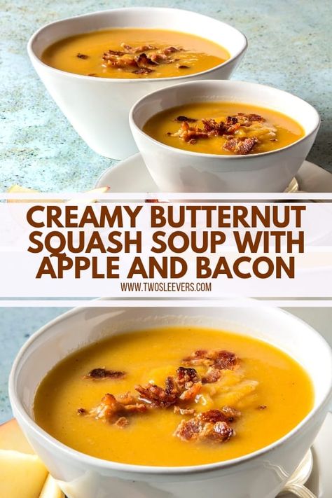 This recipe for a Pressure Cooker Butternut Apple Soup with Bacon is likely to be one of the simplest recipes you've ever made. Butternut Squash Apple Bacon Soup, Pumpkin Apple Bacon Soup Recipe, Butternut Squash Soup With Bacon, Pumpkin Apple Bacon Soup, Butternut Apple Soup, Squash Soup With Apple, Squash Soups, Butternut Squash Bacon, Butternut Squash Apple Soup