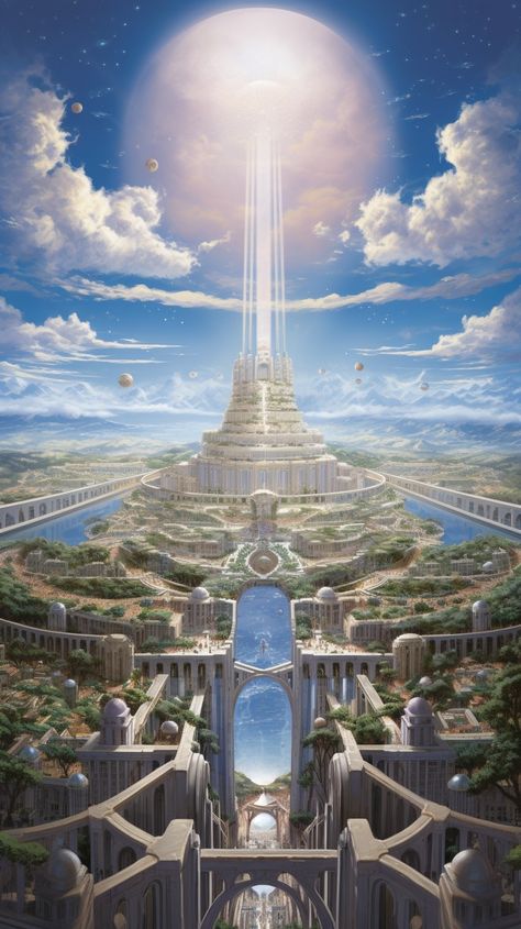 Plato's ideal city-state from The Republic imagined as a Utopian panorama Utopian City Aesthetic, Utopia City Concept Art, Futuristic Kingdom, Solar Punk City, Utopian Aesthetic, Solarpunk City, Utopian Architecture, Atlantis City, Utopian World