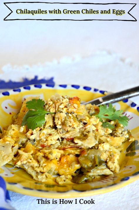 Chilaquiles with eggs is traditional Mexican comfort food. Served at breakfast and brunch, (though Manservant would eat this anytime) it is a mixture of fried corn tortillas simmered in a thick red or green sauce. #chilaquiles #Mexicanfood #brunchrecipes #greenchiles #eggrecipes Fried Corn Tortillas And Eggs, Egg And Corn Tortilla Breakfast, Eggs And Corn Tortillas, Chilaquiles With Eggs, Breakfast Chilaquiles, Migas Recipe, Fried Corn Tortillas, Chilaquiles Recipe, Green Chile Recipes