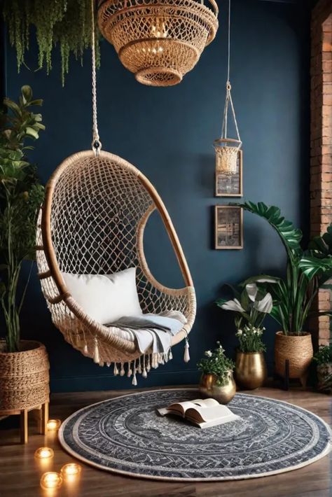 Whimsical reading corner with macrame chair Reading Room With Plants, Chic Reading Nook, Reading Room Design, Chair With Canopy, Bohemian Chair, Reading Corner Kids, Bedroom Reading Chair, Macrame Chair, Reading Nook Chair