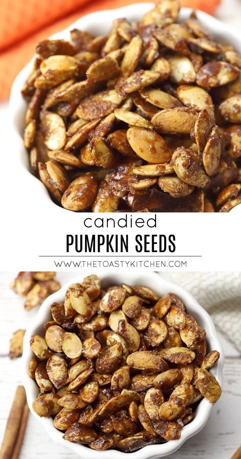 Candied Pumpkin Seeds are a quick and easy fall snack recipe. Pumpkin seeds are coated in brown sugar, butter, and cinnamon, then roasted in the oven. Pumpkin Seeds Recipe Sweet, Roasted Pumpkin Seeds Sweet, Salted Caramel Pumpkin Seeds, Sweet Roasted Pumpkin Seeds, Pumpkin Seeds Recipe Roasted Sweet, Candied Pumpkin Seeds, Sweet Pumpkin Seeds Recipe, Brown Sugar Pumpkin Seeds, Pumpkin Seed Recipes Baked