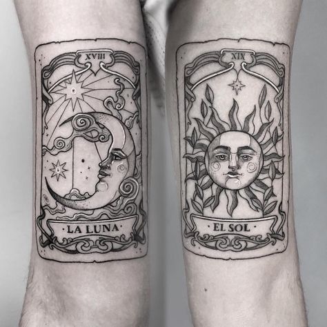 Magic ........ Traditional Tarot Card Tattoo, Moon Tarot Tattoo, Sun And Moon Tattoos, Tattoo Black And White, Tarot Card Tattoo, Tarot Tattoo, Card Tattoo Designs, Tattoo Face, Moon Tattoos