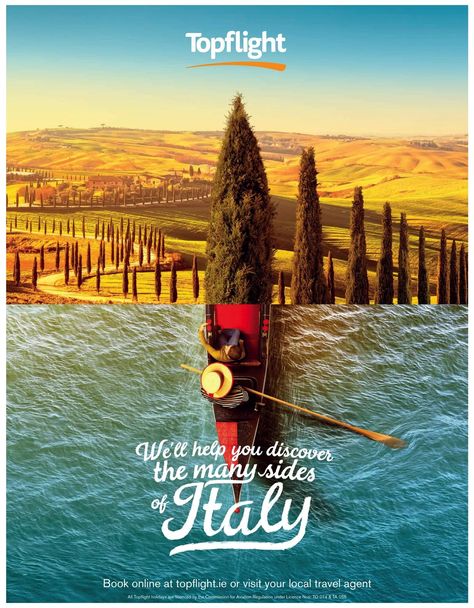 Topflight Print Ad - Many Sides of Italy Salalah, Creative Travel Poster Design, Tourism Advertising, Travel Advertising Design, Luxury Advertising, Tourism Design, Hotel Ads, Travel Creative, Travel Advertising