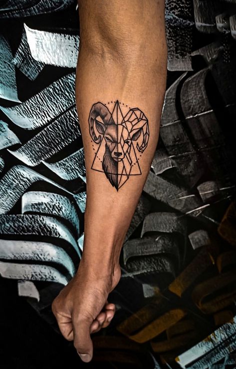 Aries Tattoo For Men Chest, Aries Tattoo For Men Forearm, Aries Horoscope Tattoo, Aries Zodiac Tattoos For Man, Geometric Ram Tattoo, Small Aries Tattoo For Men, Aries Men Tattoo, Aries Tatoos Men, Aries Forearm Tattoo