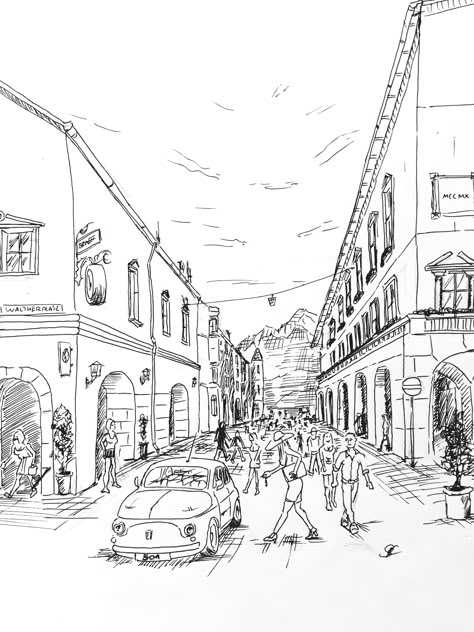 Urban People Sketch, Fantasy City Sketch, Busy Street Drawing, City Street Sketch, City Street Drawing, Town Sketch, Urban Design Portfolio, Things Reference, Italy Sketches