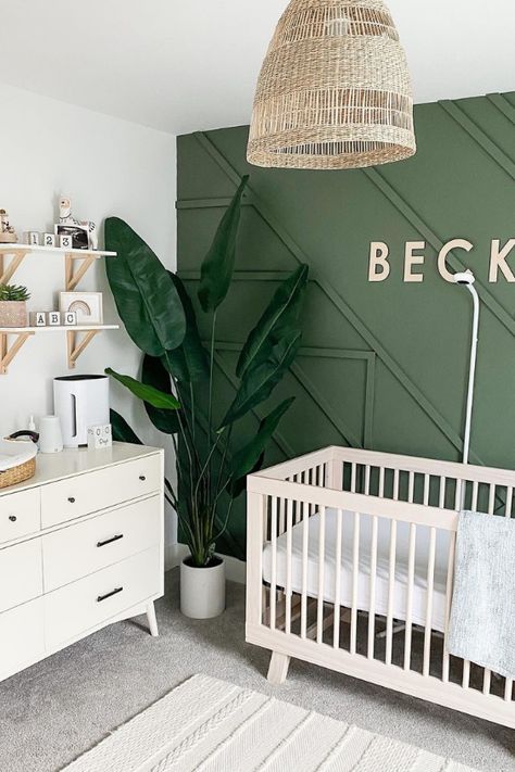 Here, we are rounding up the best green paint colors for the nursery. You'll find green nursery inspiration photos and our top green nursery paint colors. Green Nursery Boy, Nursery Paint Colors, Baby Nursery Design, Nursery Accent Wall, Baby Room Neutral, Baby Boy Room Decor, Nursery Room Design, Baby Room Inspiration, Baby Boy Room Nursery