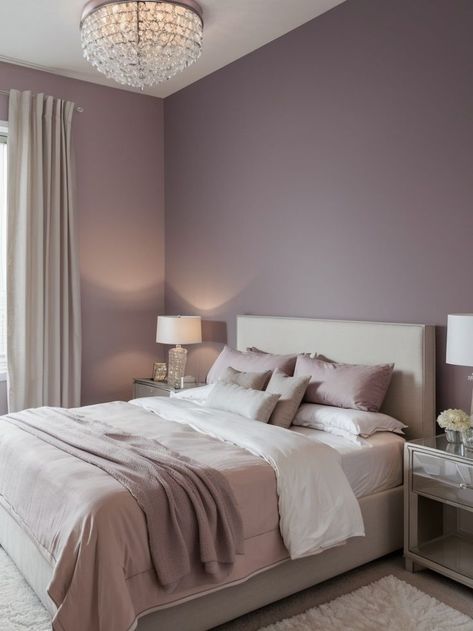 Create a tranquil atmosphere in your bedroom with a light mauve accent wall using soft pastel shades. Complement the look by incorporating sleek modern furniture pieces and adding a touch of elegance with crystal pendant lights. Mauve Accent Wall, Light Purple Bedroom Walls, Light Purple Bedroom Ideas, Purple Wall Bedroom, Bedroom Purple Walls, Light Purple Bedroom, Mauve Bedroom, Crystal Pendant Lights, Bedroom Inspiration Cozy