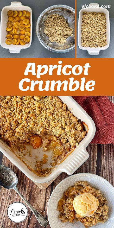 A delicious wintry dessert made from canned apricot halves and a buttery golden crumble topping. This affordable dessert is super easy to whip up and can be made with your favourite canned, stewed or fresh fruit. #vjcooks #winterdesserts #cannedfruit #applecrumble #apricotcrumble Apricot Crisp Recipes, Canned Apricot Recipes Desserts, Canned Apricot Recipes, Apricot Crumble Recipe, Apricot Desserts, Apricot Crisp, Crumbles Recipes, Apricot Crumble, Crumble Recipes