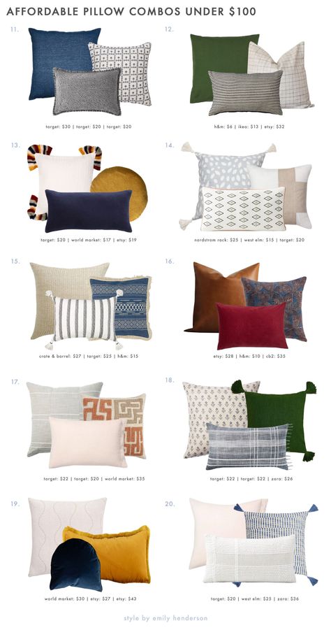 20 VERY Affordable Pillow Combos & Our 5 No-Fail Combo Rules - Emily Henderson #throwpillows #homedecor #interiors Living Room Pop Of Color, Throw Pillow Combos, Throw Pillows For Grey Couch, Bedroom Pillows Arrangement, Tropisk Fest, Pillow Combinations, Throw Pillow Combinations, Chic House, Nyc Apt