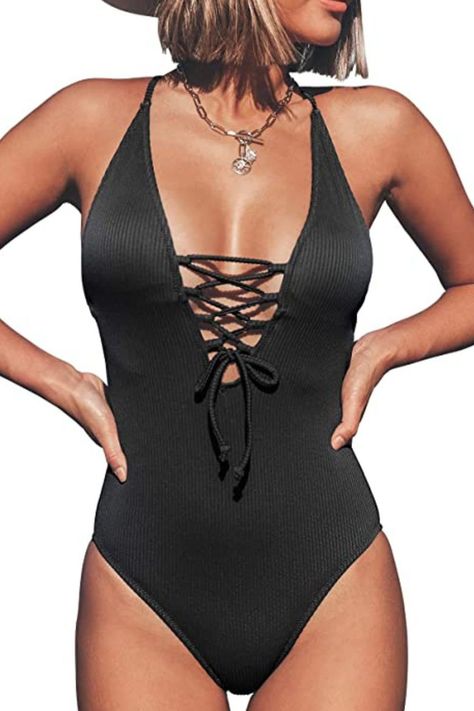 Deep V Neck Textured Rib Bathing Suit, Lace-up Front, Adjustable Cross Back Straps. Best Holiday Gifts for Mom, Wife, Girlfriend or Women You Love. Perfect for Tropical Vacations, Summer, Beach & Pool, Honeymoon, Cruise. Backless Bathing Suits, Beachwear Brands, Cupshe Swimsuits, Affordable Swimwear, Halter One Piece Swimsuit, Black One Piece, Neck Lace, One Piece For Women, Black Swimsuit