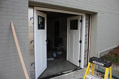 Garage Door Conversion To French Doors, Backyard Airbnb, Small Garage Door, Single Garage Door, Double Door Entryway, Bungalow Ideas, Garage Door Replacement, Craftsman Garage, Carport Patio