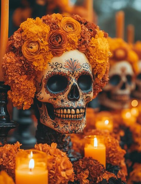 Diy Dia De Los Muertos Altar Ideas, Dia De Los Muertos Decorations Ideas Altars, Day Of The Dead Decor, Day Of The Dead Marigolds, Mexico Aesthetic Culture, Dia De Los Muertos Crafts Ideas, Day Of The Dead Decorations, Dia De Los Muertos Party Ideas, Day Of The Dead Altar