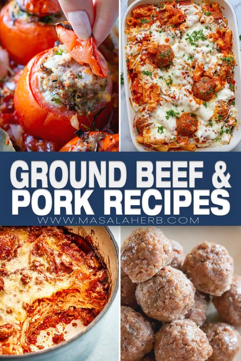 A collection of recipes prepared with ground beef and pork. Both meats together compliment each other. Your meat will be juicier and more flavorful. Here are my favorite recipes that I pass on to you. www.MasalaHerb.com Ground Pork Beef Recipes, Ground Pork Ground Beef Recipes, Beef Pork Recipes, Mixed Ground Beef And Pork Recipes, Ground Beef And Pork Recipes Main Dishes, Minced Beef And Pork Recipes, Ground Beef Pork Recipes, Dinner Ideas With Ground Pork, Ground Beef And Ground Pork Recipes