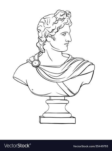 Greek Statues Illustration, Apollo Statue Drawing, Baroque Art Drawing, Roman Sculpture Drawing, Greek Statues Drawing, Apollo Sketch, Mythology Embroidery, Greek Gods Illustration, Greek Sculpture Drawing