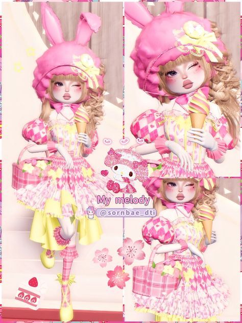 Pink Dti Theme, Sanrio Dress To Impress, My Melody Outfit, Sanrio Outfits, Harajuku Dress, Vip Dress, Tiktok Ideas, Hello Kitty Dress, Rabbit Costume