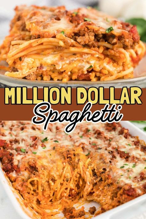 Million Dollar Spaghetti is a tasty, cheese and meat-filled pasta casserole that will feed and fill up a big family or group! This easy casserole is the perfect dinner recipe for even the pickiest eaters. Make it with ground beef, turkey, chicken or vegetarian! Loaded with cheese, garlic, sauce and more! So delicious! Ground Chicken Pasta Casserole, Cheesy Spaghetti Casserole, Million Dollar Chicken Bake Recipe, Million Dollar Spaghetti Casserole Easy, Millionaire Spaghetti Casserole, Spaghetti Hot Dish, Millions Dollar Spaghetti, Italian Pasta Casserole, Ground Beef Spaghetti Casserole