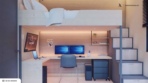 Loft Bed Gaming Setup, Cool Loft Beds, Bed Setup, Build A Loft Bed, Small Bedroom Makeover, Diy Loft, Gray Headboard, Gaming Bedroom, Bed Idea