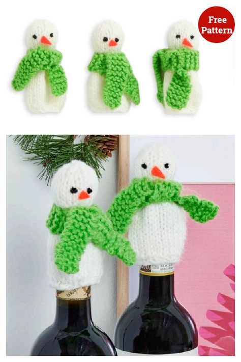 Snowman Wine Toppers Free Knitting Pattern Knitted Bottle Toppers, Wine Bottle Toppers Diy, Knit Ornament Pattern, Wine Toppers, Snowman Tree Topper, Christmas Knitting Projects, Knitted Christmas Decorations, Christmas Knitting Patterns Free, Knitted Doll Patterns