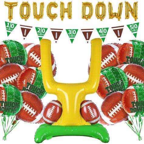 PRICES MAY VARY. Celebrate in style with our Football Party Supplies, showcasing a deluxe 41.3in wide x 61.4in tall Football Goal Post Balloon that stands out in any party setting. Instantly turn your space into a festive gridiron with this striking centerpiece, photo ops and fan gatherings! Kick off your event with a burst of game spirit using our 6 precision-made 23*18in football-shaped balloons. Meticulously designed to resemble the real thing, these decorations are a must-have for any die-ha One Year Down Football Birthday, Goal Post Football, Football Photo Booth, Football Birthday Decorations, Football Game Party, Super Bowl Party Decorations, Tailgate Party Decorations, Football Themed Food, Football Themed Birthday Party