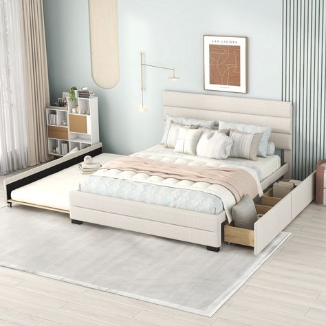 If you're looking for an attractive bed to keep your space clutter-free, our bed with storage drawers and trundle is the perfect choice for you. Beautiful Bed Designs, Bed With Storage Drawers, Platform Bed With Trundle, Upholstered Storage Bed, Queen Size Platform Bed, Bed With Trundle, Bed Storage Drawers, Queen Size Bed Frames, Queen Platform Bed