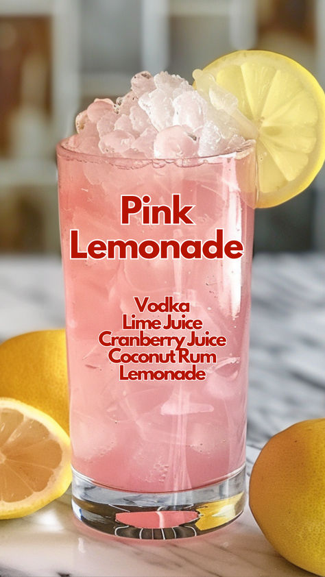 Pink Lemonade Pink Lemonade Shots, Girly Drinks Alcohol Easy Summer Cocktails, Pink Lemonade Mixed Drink, Cute Drink Ideas Alcohol, Cocktails Recipes Pink, Pink Drinks Alcohol Aesthetic, Mix Alcohol Drinks, Pink Vodka Lemonade Cocktail, Pink Lemonade Cocktail Recipe