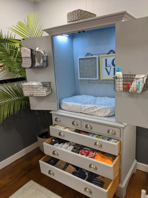 Armoire Baby Changing Table, Co Sleeping Nursery Ideas, Diy Changing Table Ideas, Changing Table Alternative Ideas, Armoire Changing Table, Diy Change Table, Baby Room In Parents Room, Diy Tv Entertainment Center, Green Entertainment Center