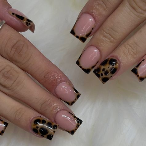 Medium Acrylics Square, Short Nail Cheetah Designs, Square Nail Inspo Fall, Stilleto Cheetah Nails, Square Leopard Print Nails, Cheetah And Black Nails, Short Square Nail Ideas Fall, Cheetah Nails Square, Short Fall Nails 2024 Trends