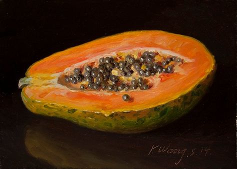 Youqing Wang Papaya Painting, Object Painting, Papaya Art, Botanical Study, Painting A Day, Fruit Kitchen, Drawing Stars, Lemon Art, Art Tutorials Watercolor