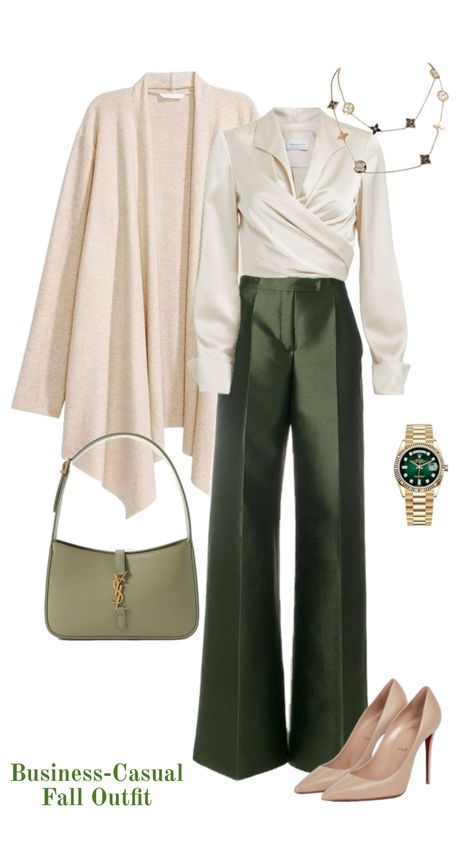 Office outfit - fall 2023. Olive green silk  satin trousers with a silk satin wrap blouse. A cream cardigan with nude heels, olive green bag and golden jewelry. Professional Fall Outfits, Satin Outfit Ideas, Green Blouse Outfit, Green Trousers Outfit, Green Bag Outfit, Blouse Outfit Work, Fall Outfit 2023, Green Cardigan Outfit, Green Outfits For Women