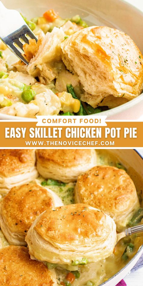 This easy chicken pot pie recipe combines tender shredded chicken with a creamy homemade gravy, and Pillsbury or Bisquick biscuits. So good! Chicken Mixed Vegetables, Chicken Pot Pie Recipe With Biscuits, Skillet Chicken Pot Pie, Chicken Pot Pie With Biscuits, Pot Pie With Biscuits, Bisquick Biscuits, Biscuit Chicken Pot Pie, Chicken Delight, The Novice Chef