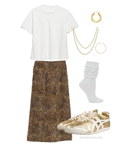 Happy Monday! There’s an extreme heat advisory out again for the triple digit heat in Cali so here’s an outfit that’s perfect to keep cool in ☀️ -White Vintage Crew Tee- @oldnavy -Animal Print Midi Skirt- @oldnavy -Slouch Socks- @amazon -Gold Onitsuka Tiger Sneakers- @stockx -14k Solid Gold Tube Hoops- @etsy -14k Solid Gold Chains & Bracelet- (Figaro Chain)Jewelry District DTLA & (Cuban chain & bracelet) @shopdelagold Gold Sneakers Outfit, Tiger Sneakers, Chains Bracelet, Cuban Chain Bracelet, Slouch Socks, Gold Sneakers, Solid Gold Chains, Figaro Chain, Printed Midi Skirt