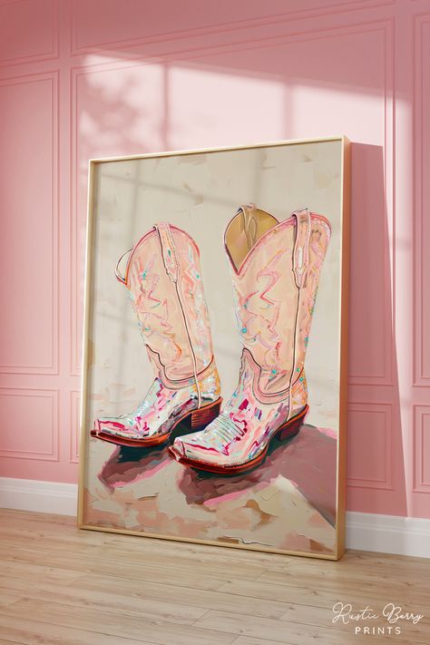 Pink Cowgirl Boots Art Print Wall Art Poster Vintage Preppy Trendy Western Decor Dorm Room Instant Download PRINTABLE - Etsy Preppy Western Bedroom Ideas, Pink And Orange Western Bedroom, Dolly Wall Art, Pink Cowgirl Painting, Pink Western Prints, Western Chic Nursery, Pink Cowgirl Room Ideas, Cowgirl Bathroom Ideas, Disco Cowgirl Aesthetic Bedroom