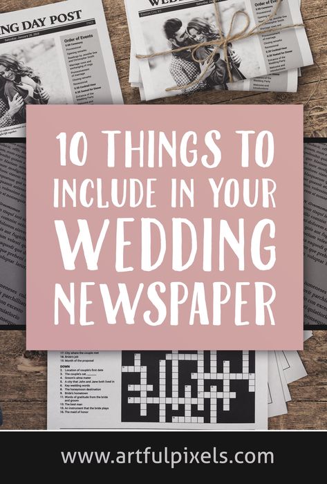 10 unique and fun ways to make your wedding newspaper program more memorable for your guests! Includes ideas of what to write about and lots of inspiration. #brunchwedding #weddingnewspaper #customnewspaper #luxurywedding #weddingprograms #stationerydesigner #dayofstationery #uniquewedding #receptionideas #newspaperprogram #funwedding #weddinginspo Wedding Program Newspaper Template, Newspaper Wedding Programs Diy, Wedding Welcome Bag Newspaper, Wedding Day Newspaper Cute Ideas, Custom Newspaper Wedding, Wedding Newspaper Ideas Unique, Newspaper Themed Wedding, Wedding Newspaper Ideas Ceremony Programs, Newlywed Post Newspaper