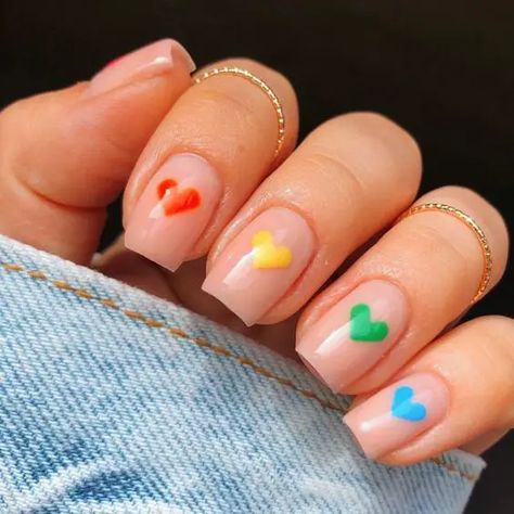 Spring Rainbow Nails 2024: A Spectrum of Style Very Simple Nails Short, Rainbow Gel Nails Ideas, Rainbow Nail Art Short Nails, Rainbow Heart Nail Art, Short Nails Ideas Rainbow, Fun Retro Nails, Pride Gel Nail Designs, Short Nail Designs Rainbow, Love Is Love Nails