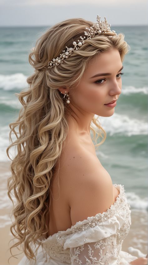 Wedding Hair Off Face, Wedding Hairstyles With Beads, Brides Long Hair Styles, Long Hair Wedding Hairstyles Down, Goddess Wedding Hairstyles, Bride With Long Hair, Mermaid Hair Waves Wedding, Cinderella Wedding Hairstyles, Wedding Face Veil