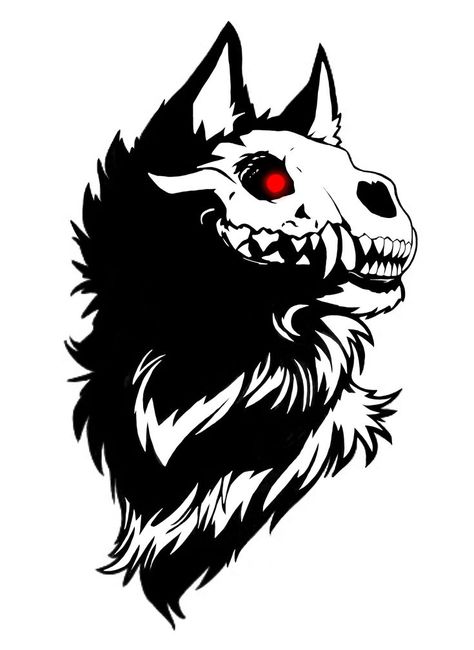 Scary Wolf Tattoo Design, Wolf With Skull Tattoo, Hellhound Drawing Reference, Hellhound Tattoo Design, Wolf With Skull Face, Canine Skull Tattoo, Skull Wolf Art, Skull Dog Drawing, Demon Wolf Tattoo