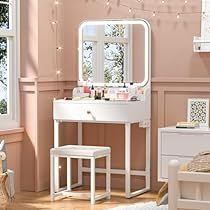 Small White Vanity, White Vanity With Lights, Tiny Vanity, Small Vanities, Small Vanity Table, White Vanity Mirror, Bedroom Vanity Table, School Dormitory, White Vanity Table