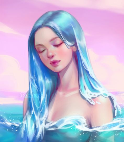 ArtStation - Water hair Hair Made Of Water Drawing, Water Hair Illustration, Water Sprite Art, Water People Art, Water Hair Character, Ocean Hair Drawing, Water Character Illustration, Blue Hair Mermaid Art, Water Woman Art