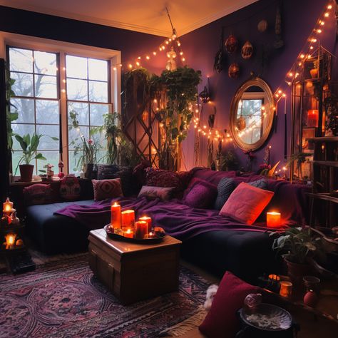 Night Aesthetic Living Room, Electric Goth Decor, Dark Eclectic Home Decor, Whimsical Gothic Living Room, Dark Orange Room Aesthetic, Grunge Living Room Ideas, Witchcore Living Room, Whimsi Goth Decor, Whimsigothic Home Living Room