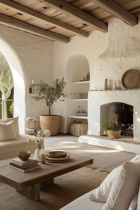 Cosy Mediterranean Interior, Old Mediterranean Interior, Mediterranean Farmhouse Living Room, Desert Chic Home, Boho Mediterranean Living Room, Stucco Interior Design, Cozy Mediterranean Home, Meditteranean Living Room, Modern Mediterranean Office