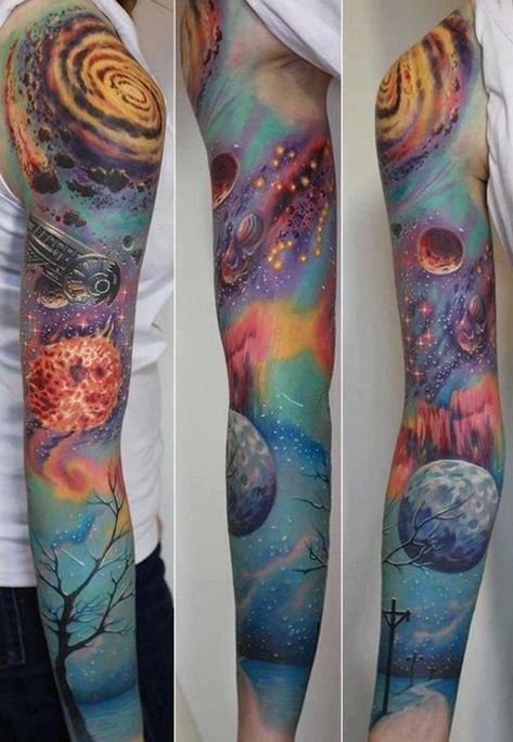 Space Tattoo Ideas, Space Tattoo Sleeve, Science Tattoo, Half Sleeve Tattoos Drawings, Full Tattoo, Polynesian Tattoos, Galaxy Tattoo, Geometric Tattoos, Back Of Shoulder Tattoo