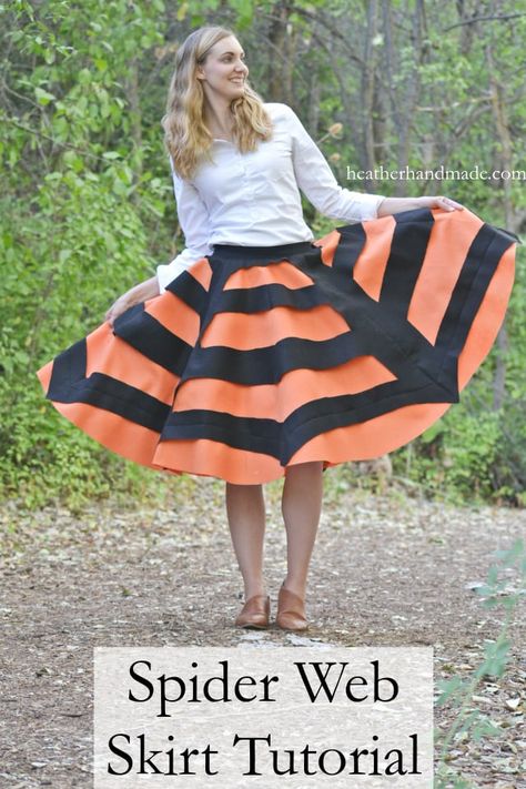 Make this easy Halloween skirt to wear to all the festive Halloween parties and activities! Do you want to dress up without having to work too hard? This spider web skirt tutorial even comes with a free circle skirt sewing pattern! Spider Web Skirt Tutorial: Easy Halloween Skirt // heatherhandmade.com Felt Spider, Sewing Classes For Beginners, Halloween Sewing Projects, Halloween Skirt, Halloween Sewing, Skirt Tutorial, Beginner Sewing Projects Easy, Skirt Patterns Sewing, Theme Halloween