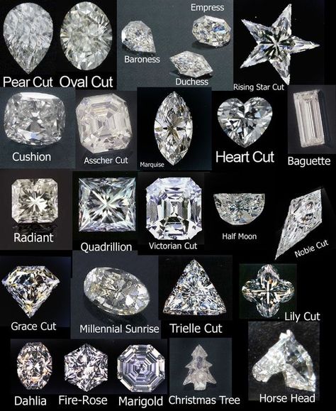 Diamond Shapes Cushion Cut: A square or rectangular cut with rounded corners and 58 brilliant style facets that resembles a pillow shape. Older antique cushions return light in blocky patterns while newer cuts return light in needle-like patterns. Half-Moon :... Engagement Rings, Diamonds, Types Of Diamond Cuts, Types Of Diamonds, Different Types, Diamond Cuts, Diamond Earrings, Diamond Ring, Gemstones