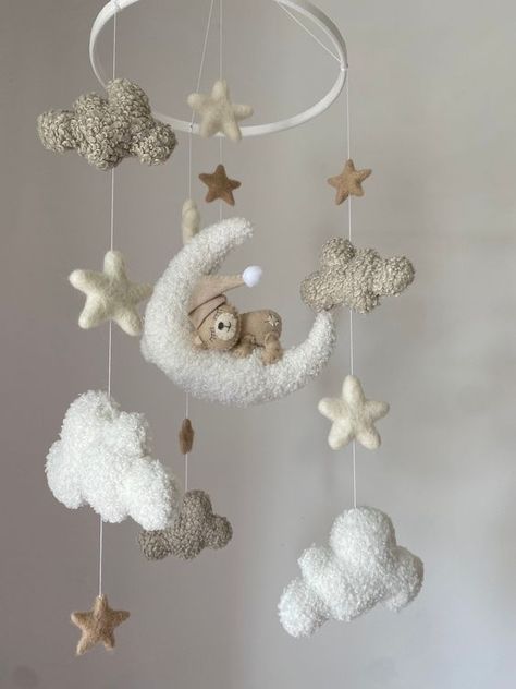 Boucle Teddy Baby Mobile in Beige/ Neutral Nursery/baby Shower - Etsy Gray Beige Nursery, Gender Neutral Mobile, Small Nursery Room Inspiration, Baby Boy Nursery Inspiration, Baby Room Inspiration Neutral, Beige Baby Nursery, Beige Baby Room, Cloud Baby Room, Sky Themed Nursery