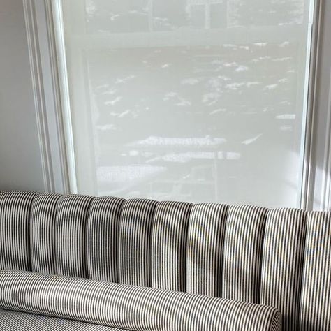 @eliwynupholstery on Instagram: "Banquette upholstery job to spruce up a breakfast nook! #furniture #furnituredesign #banquette #breakfastnook #upholstery #upholstered #stripes" Striped Banquette Seating, Striped Banquette, Banquette Upholstery, Bench Breakfast Nook, Breakfast Nook Furniture, Nook Furniture, Curved Banquette, L Shaped Bench, Banquette Seating