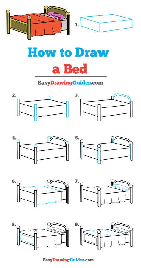 Cute Bed Drawings, Step By Step Furniture Drawing, 3d Bed Drawing, How To Draw A Bed Step By Step, Bed Drawing Side View, How To Draw Bedroom, Bed Perspective Drawing, How To Draw Furniture, How To Draw A Bed