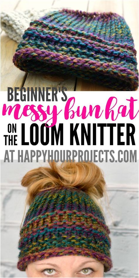 Loom Knitting Patterns Hat, Loom Knitting For Beginners, Messy Bun Hat Pattern, Round Loom Knitting, Circle Loom, Loom Hats, Loom Knitting Tutorial, Loom Knitting Stitches, Loom Knit Hat