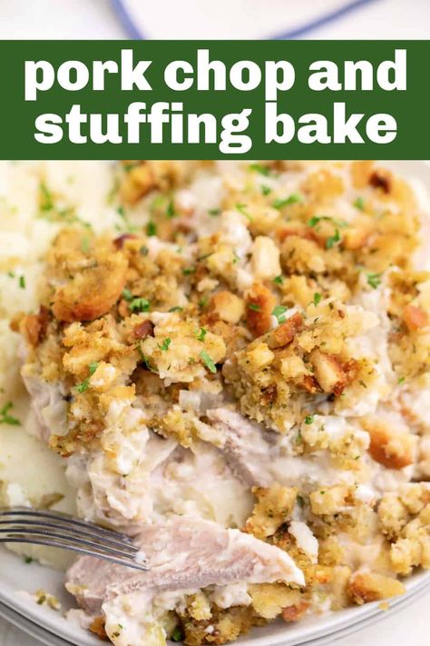 Our Pork Chop and Stuffing Bake is a quick, savory, and satisfying dish that you can whip up in under an hour. A perfect blend of juicy pork chops, boxed stuffing mix, and cream of mushroom soup for a weeknight comfort meal the whole family will love. Boneless Pork Chop Recipes | Meat Recipes | Pork Chop Recipes for Dinner | Pork Meals | Recipes For Dinner Pork, Pork Chop Recipes For Dinner, Pork Chop Stuffing, Pork Chop Casserole Recipes, Boxed Stuffing, Pork Loin Chops Recipes, Baked Stuffed Pork Chops, Baked Boneless Pork Chops, Stuffing Bake